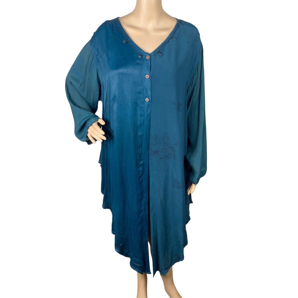 NWT Vintage Tienda Ho Teal Mirror Embroidery Asymmetric Tunic One Size Lagenlook